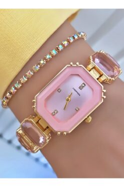 Merand Kadın Kol Saati – Altın Kaplama, Pembe Taşlı Zarif Tasarım - Hediye Bileklik