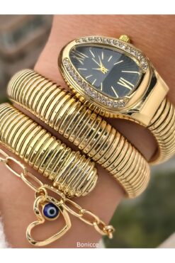 Bonicce Marka Siyah Kadran, Taşlı Yılan Model, Kadın Kol Saati Bileklik Nazar Boncuklu Bileklik