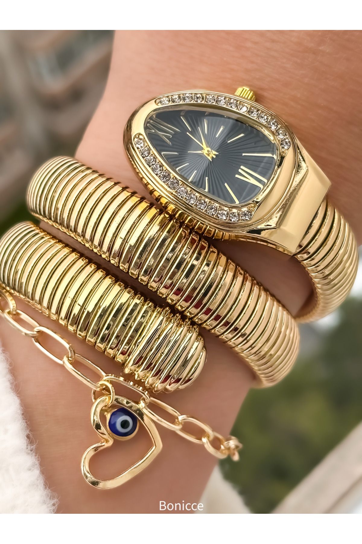 Bonicce Marka Siyah Kadran, Taşlı Yılan Model, Kadın Kol Saati Bileklik Nazar Boncuklu Bileklik - Görsel 3