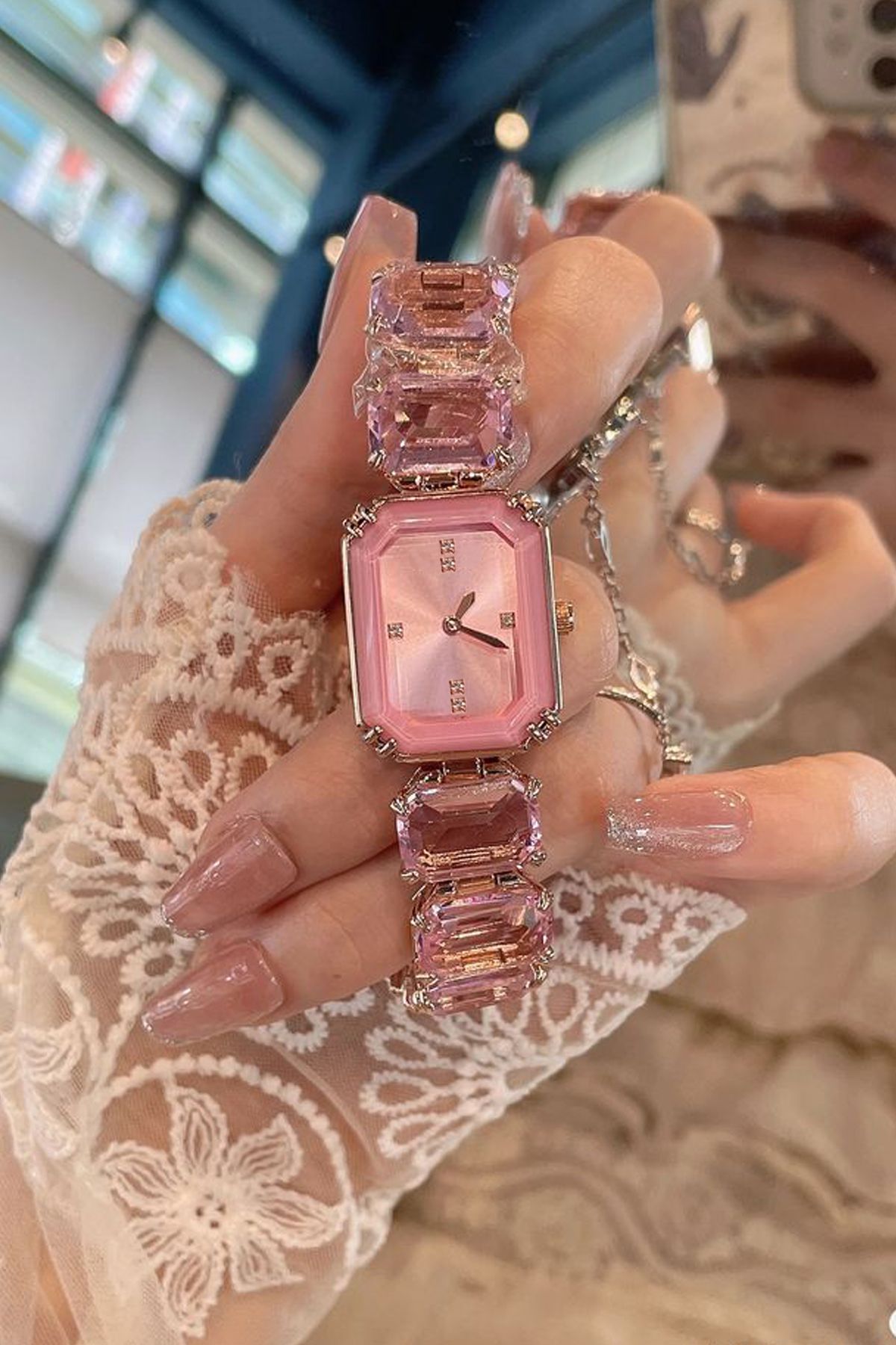 AURRARİ Pembe Swarowski Taşlı Sekizgen Saat