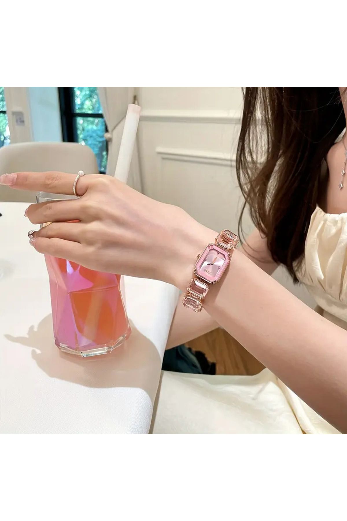 AURRARİ Pembe Swarowski Taşlı Sekizgen Saat - Görsel 3