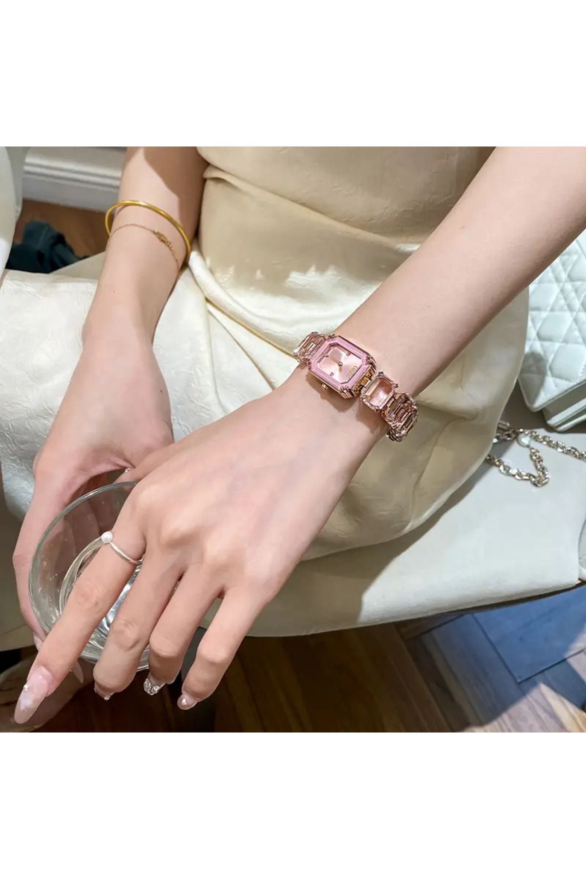 AURRARİ Pembe Swarowski Taşlı Sekizgen Saat - Görsel 4