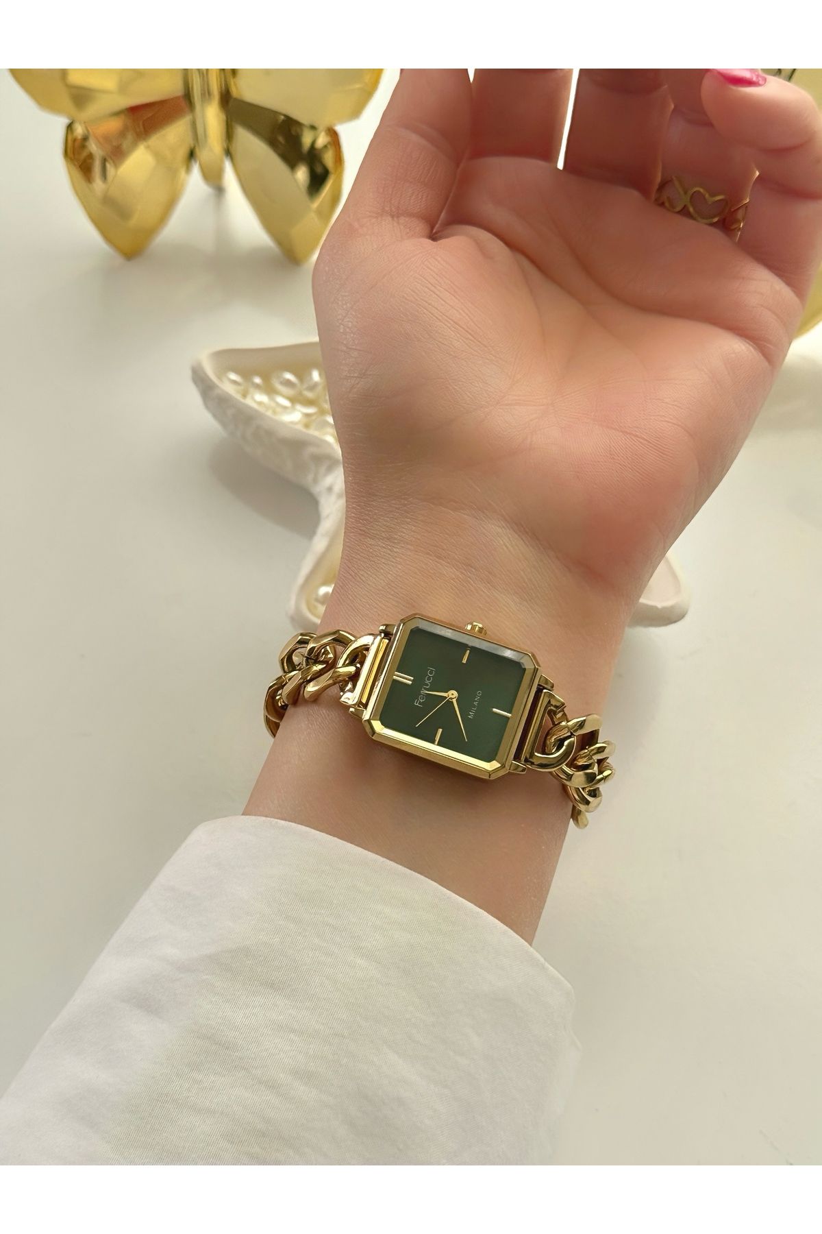 Ferrucci FERRUCCİ-(GOLD RENK) zincir detaylı yeşil iç kadran kadın kol saati - Görsel 2