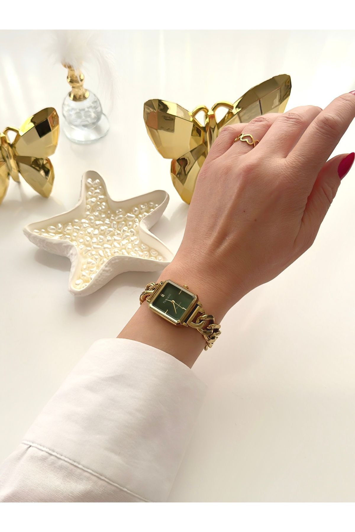 Ferrucci FERRUCCİ-(GOLD RENK) zincir detaylı yeşil iç kadran kadın kol saati - Görsel 3