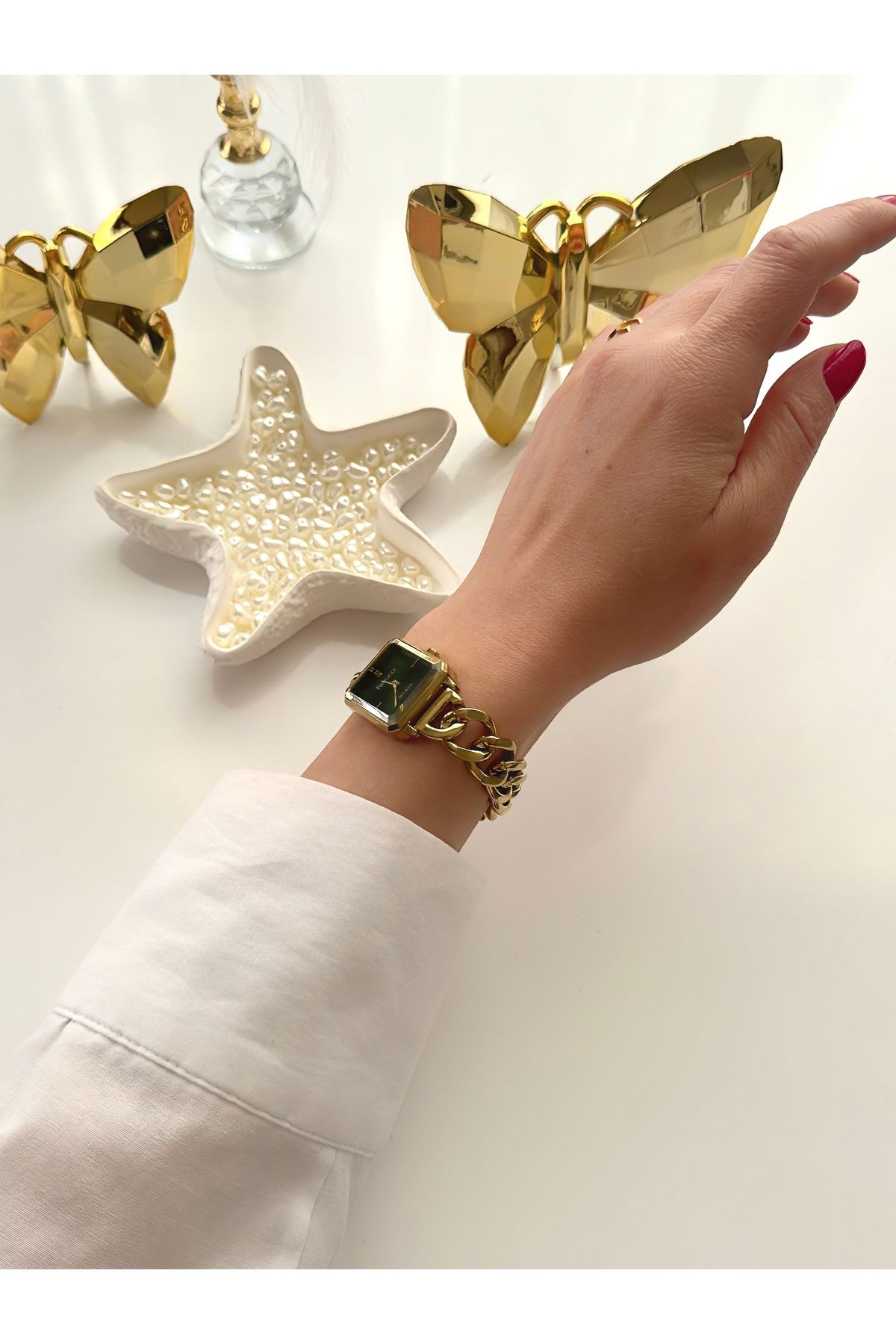 Ferrucci FERRUCCİ-(GOLD RENK) zincir detaylı yeşil iç kadran kadın kol saati - Görsel 5