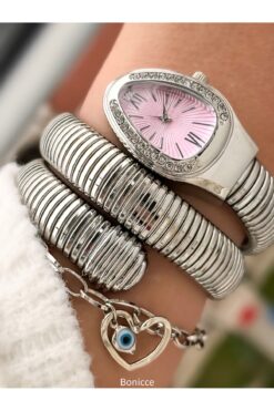 Bonicce Özel Hediyelik Kutuda Gümüş Renk Taşlı Yılan Model, Pembe Kadran,kadın Kol Saati Bileklik
