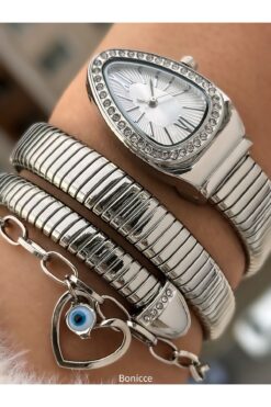 Bonicce Hediyelik Kutusunda Mavi Kadran,taşlı Gümüş Kordon,beyaz Kadran,yılan Saat Kalpli Bileklik
