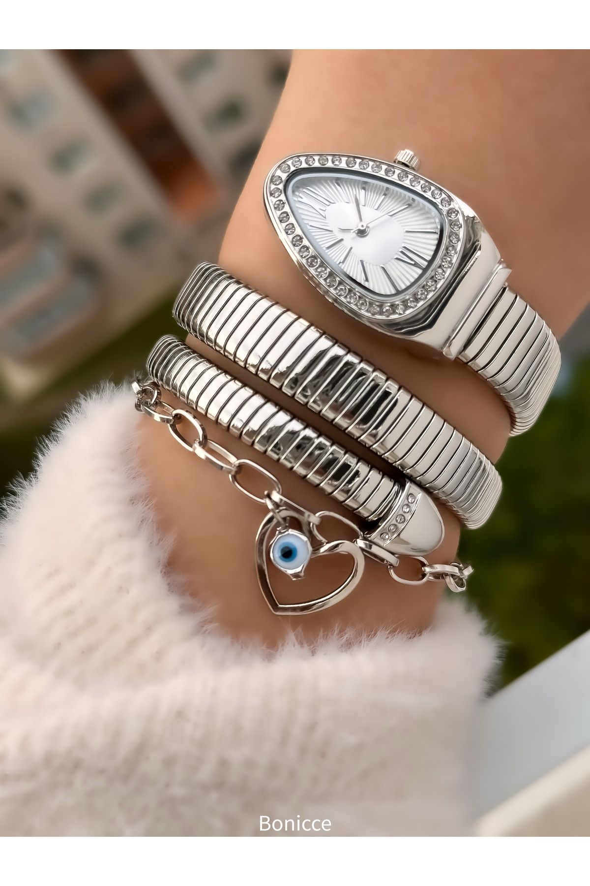 Bonicce Hediyelik Kutusunda Mavi Kadran,taşlı Gümüş Kordon,beyaz Kadran,yılan Saat Kalpli Bileklik - Görsel 2