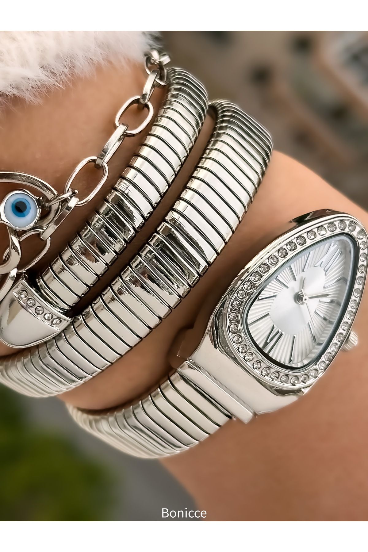 Bonicce Hediyelik Kutusunda Mavi Kadran,taşlı Gümüş Kordon,beyaz Kadran,yılan Saat Kalpli Bileklik - Görsel 3