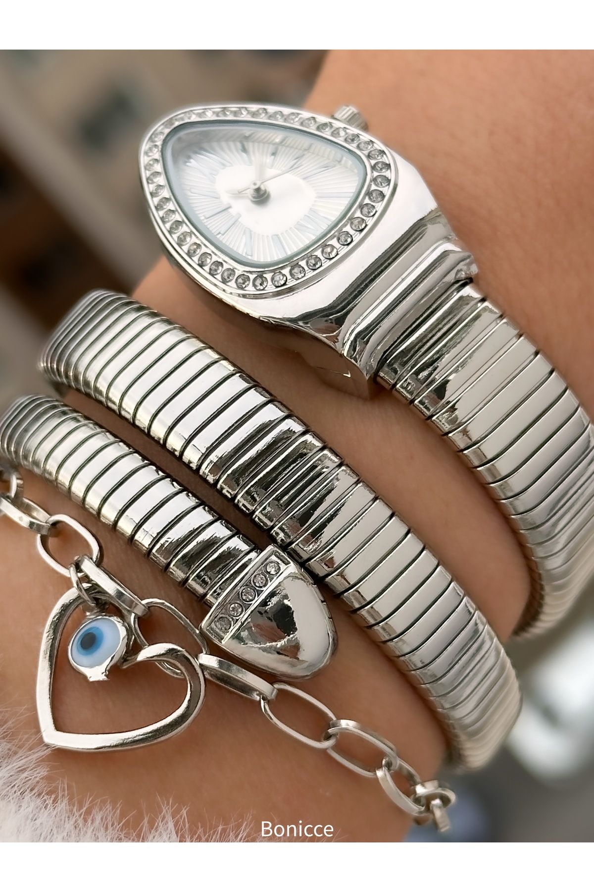 Bonicce Hediyelik Kutusunda Mavi Kadran,taşlı Gümüş Kordon,beyaz Kadran,yılan Saat Kalpli Bileklik - Görsel 4