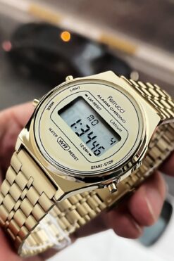 Ferrucci 3 Atm Su Geçirmez Gold Renk Çelik Kordon Unisex Dijital Kol Saati Elg631