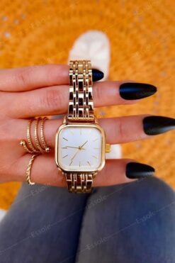 ÇENÇEN Gold Renk Kare Kasa Tasarımı Çelik Kordon Kadın Kol Saati