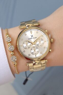 Daniel Klein Altın Sarısı Çelik Bilezik Kadın Kol Saati, Taşlı Bileklik Hediyeli