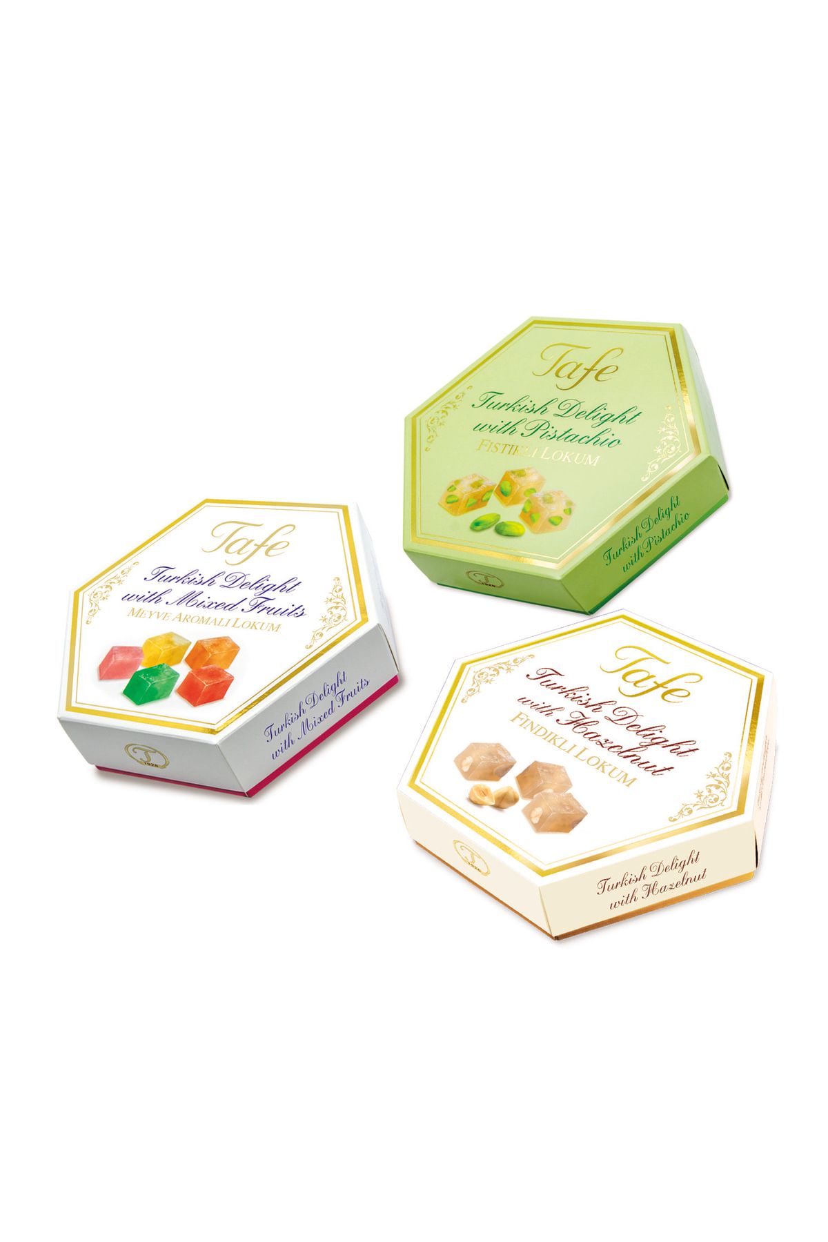 TAFE Lokum 3'lü Paket Fıstıklı , Fındıklı Ve Karışık Meyve Aromalı Altıgen Kutu