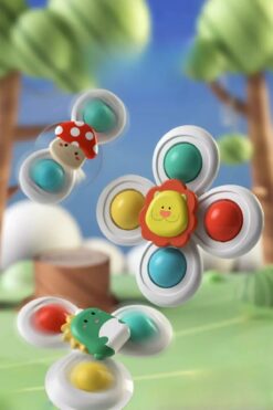 BBSKY 3’lü Bebek Vakumlu Döner Oyuncak Topaç – Hayvan Şekilli ABS Silikon Banyo ve Masa Oyuncağı