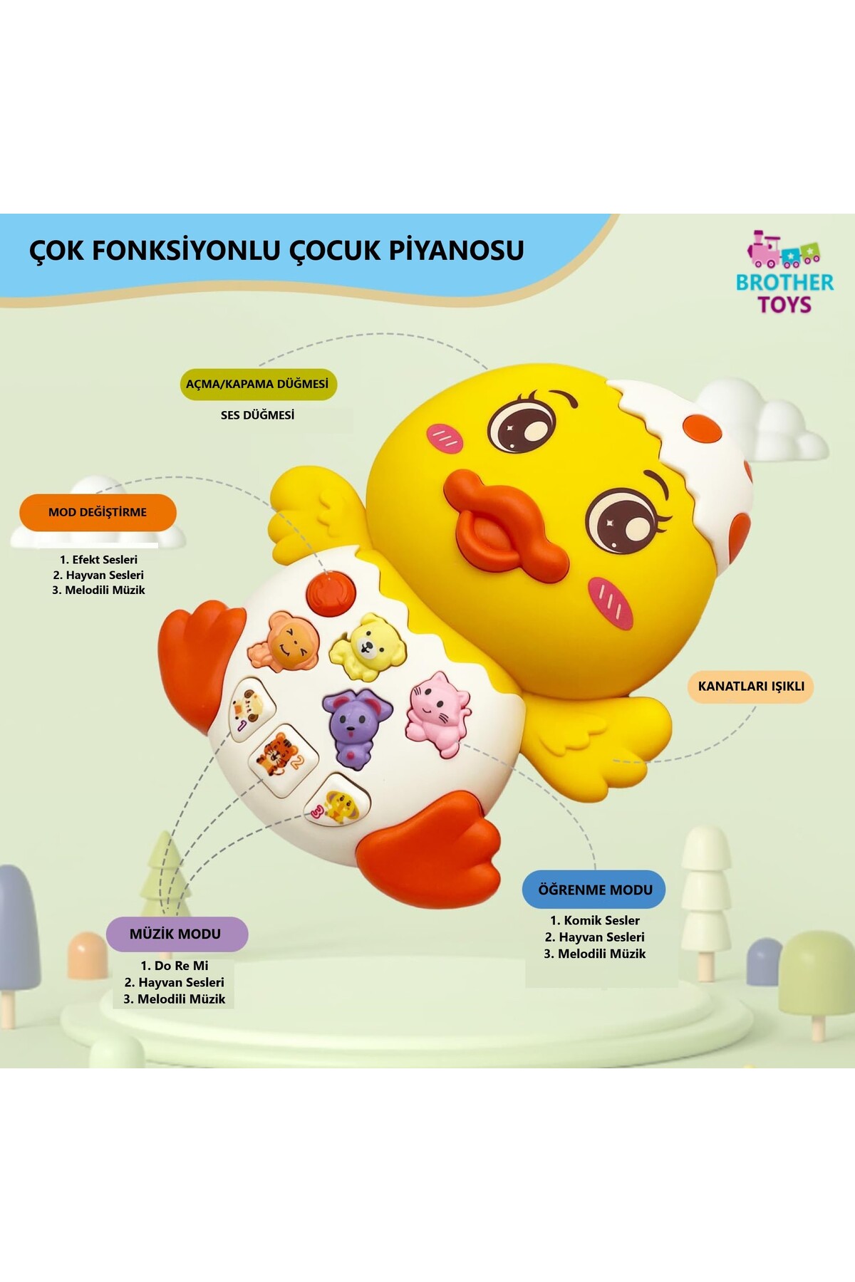 Brother Toys Sesli Işıklı Müzikli Eğitici Çok Fonksiyonlu Bebek Ve Çocuklar İçin Ördek Piyano 15 Cm. - Görsel 2