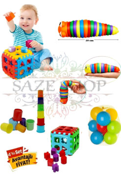 SAZE Esnek  Tırtıl + Bultak 14 parça +Sevimli Kule 6 + 10 ADET HAVUZ TOPU HEDİYEMİZDİR GELİŞİM SETİ 4 LÜ