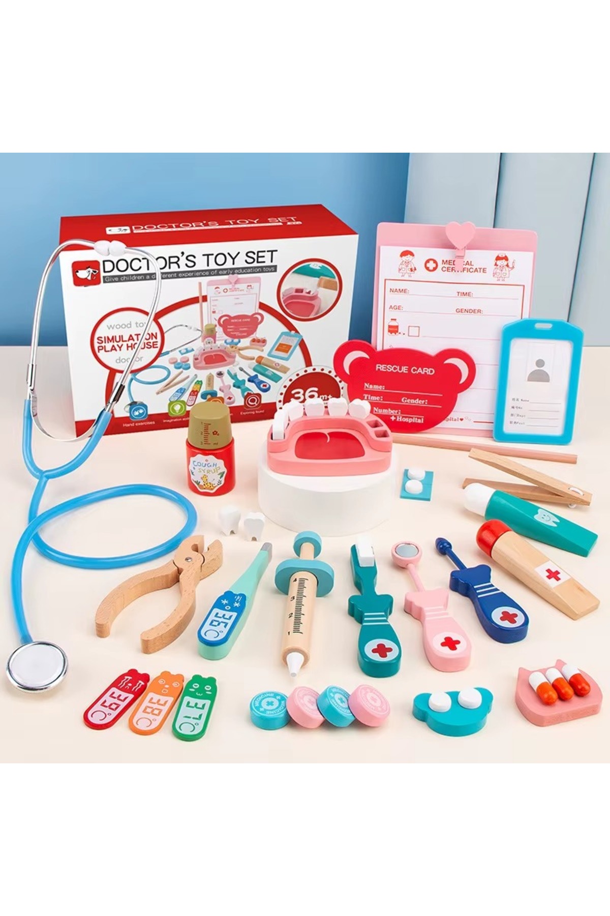 tinymaya Ahşap Eğitici Doktor Seti, Çocuk Doktor Seti, Doktor Ekipmanları (27 Parça)