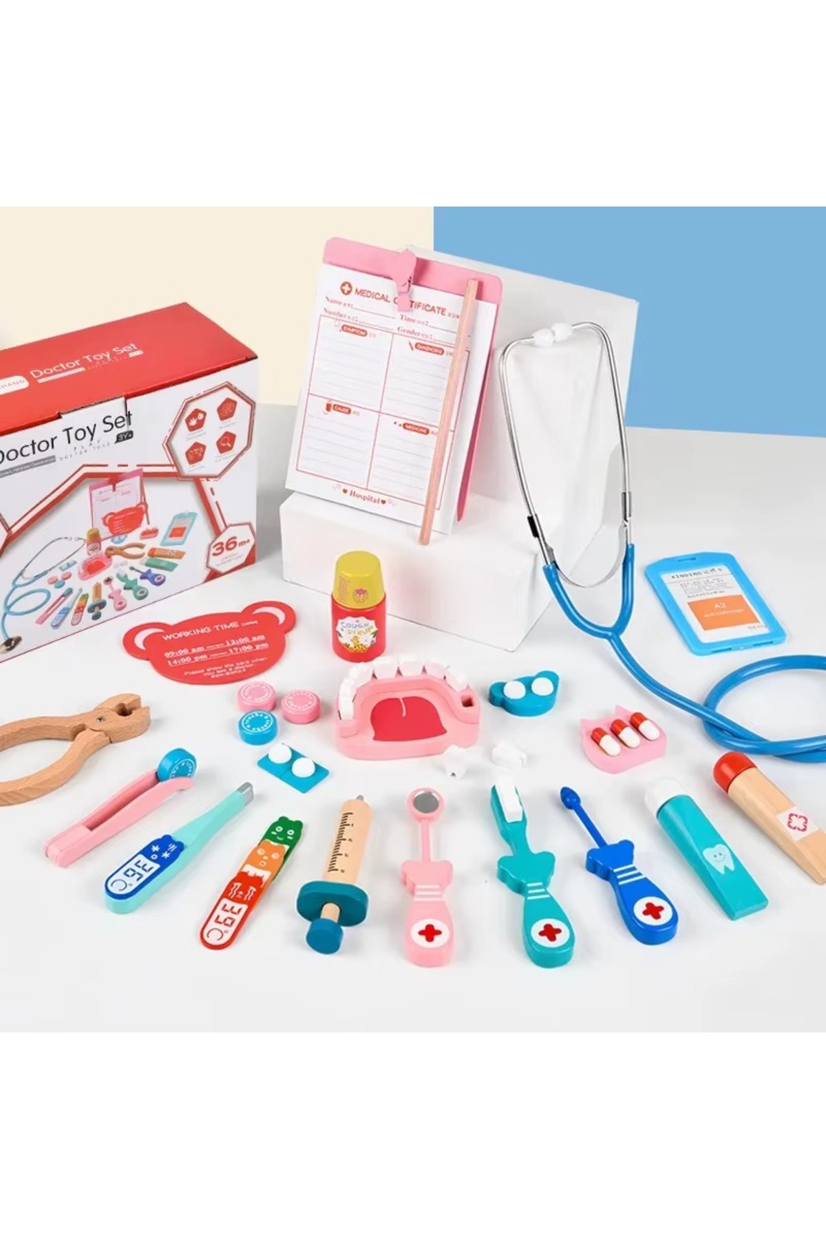 tinymaya Ahşap Eğitici Doktor Seti, Çocuk Doktor Seti, Doktor Ekipmanları (27 Parça) - Görsel 3