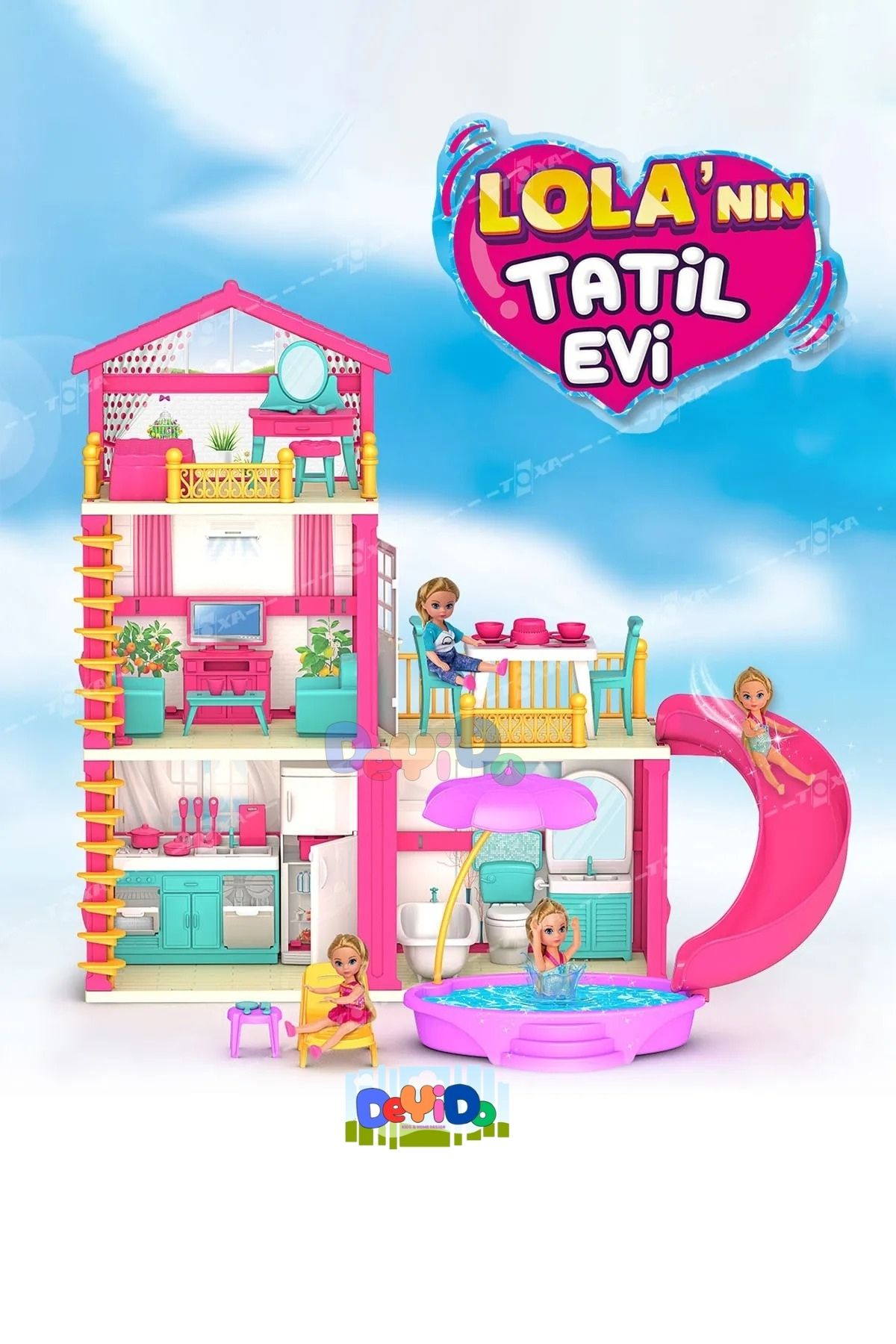 DeYiDo Lola'nın Tatil Evi 3 Katlı 4 Odalı Teraslı Su Kaydıraklı Barbie Evi Oyuncak Evcilik Seti Oyun Evi