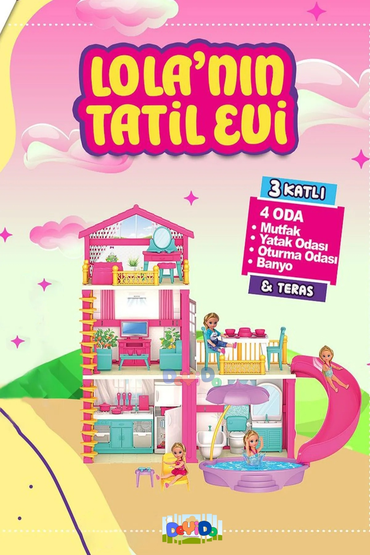 DeYiDo Lola'nın Tatil Evi 3 Katlı 4 Odalı Teraslı Su Kaydıraklı Barbie Evi Oyuncak Evcilik Seti Oyun Evi - Görsel 2