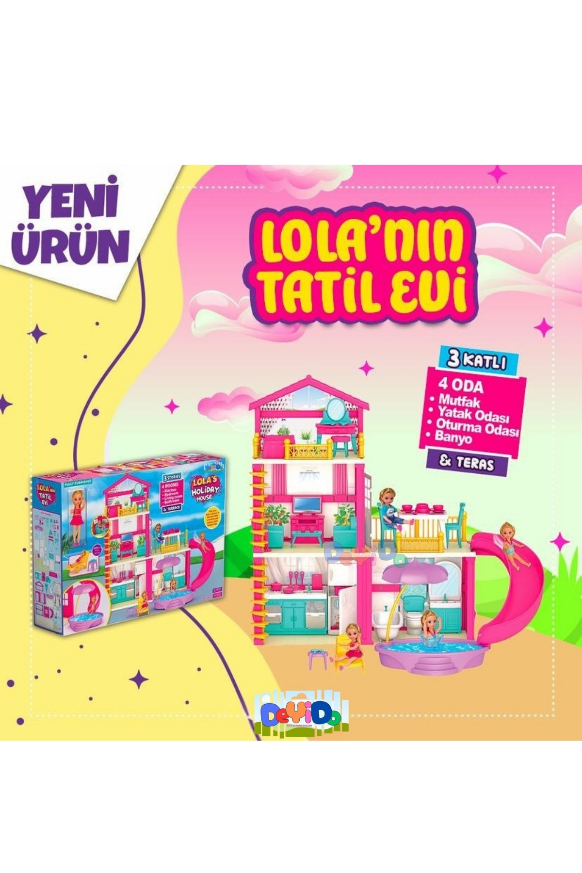 DeYiDo Lola'nın Tatil Evi 3 Katlı 4 Odalı Teraslı Su Kaydıraklı Barbie Evi Oyuncak Evcilik Seti Oyun Evi - Görsel 3