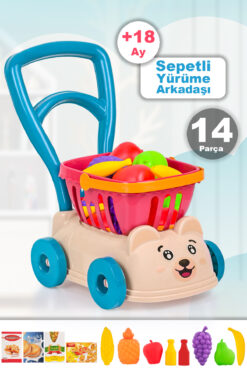 Meleni Toys 14 Parça Market Sepetli Yürüme Arkadaşı - İlk Adım Arabası Meyve Sebze Atıştırmalık Alışveriş Sepeti