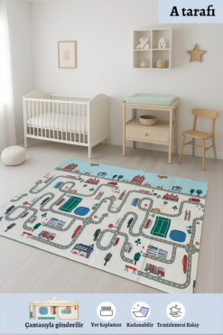 PINKIE HOME Premium Yol Desenli-Hayvanlı Çift Taraflı Katlanabilir Oyun Mati Oyun Halısı 150x200