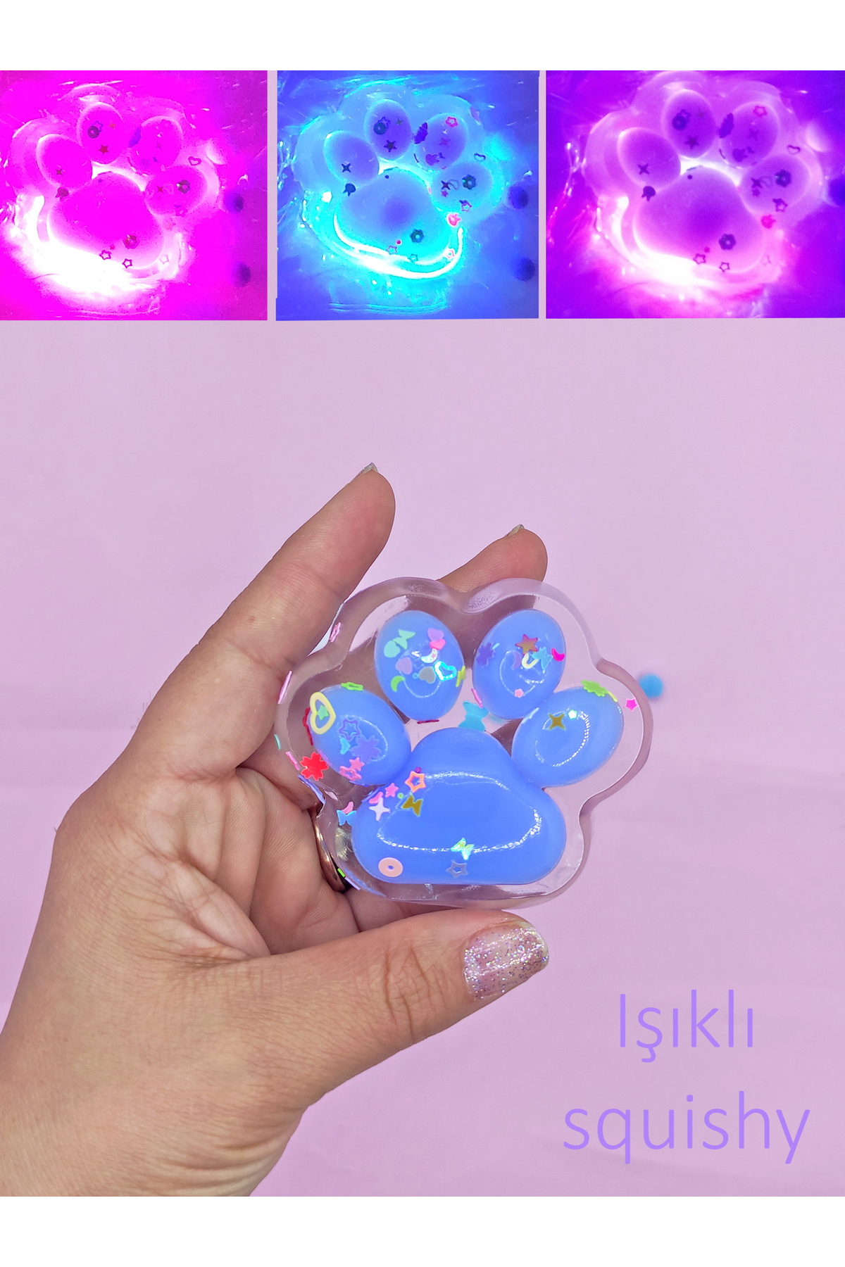 alpmodel Işıklı Şeffaf Pati Squishy Pullu Yumuşacık 6 cm Pati Sukuşi KARIŞIK RENK - Görsel 2