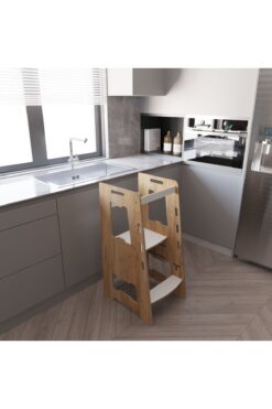 Minera Ahşap Montessori Öğrenme Kulesi / 2-6 Yaş / Naturel-Beyaz Öğretici-Eğitici