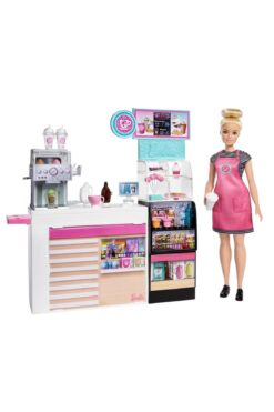 Barbie Oyun Seti Barbie Kahve Dükkanı, 30 cm Sarışın Bebek ve 20'den Fazla Oyuncak Figür GMW03