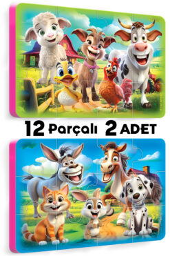 EVAKANCA 12 Parça Kalın Çocuk Puzzle Yapboz 2'li Çiftlik Hayvanları