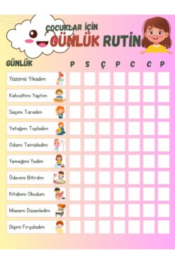 KENGEROĞLU Çocuk Günlük Pembe Rutin Checklist Kontrol Listesi Pvc Kaplı Yaz Sil Kalem