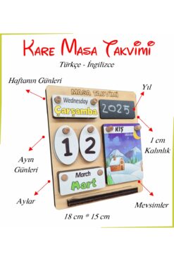 Ankebut Ahşap Masa Takvimi Kare Türkçe İngilizce Öğrenimi