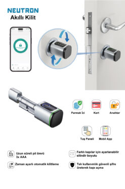 NEUTRON NTL-SC-02FKPW Parmak izi, Anahtarlı, Tuşlu, Kartlı ve Uzaktan Kontrollü Akıllı Kapı Kilidi Gri