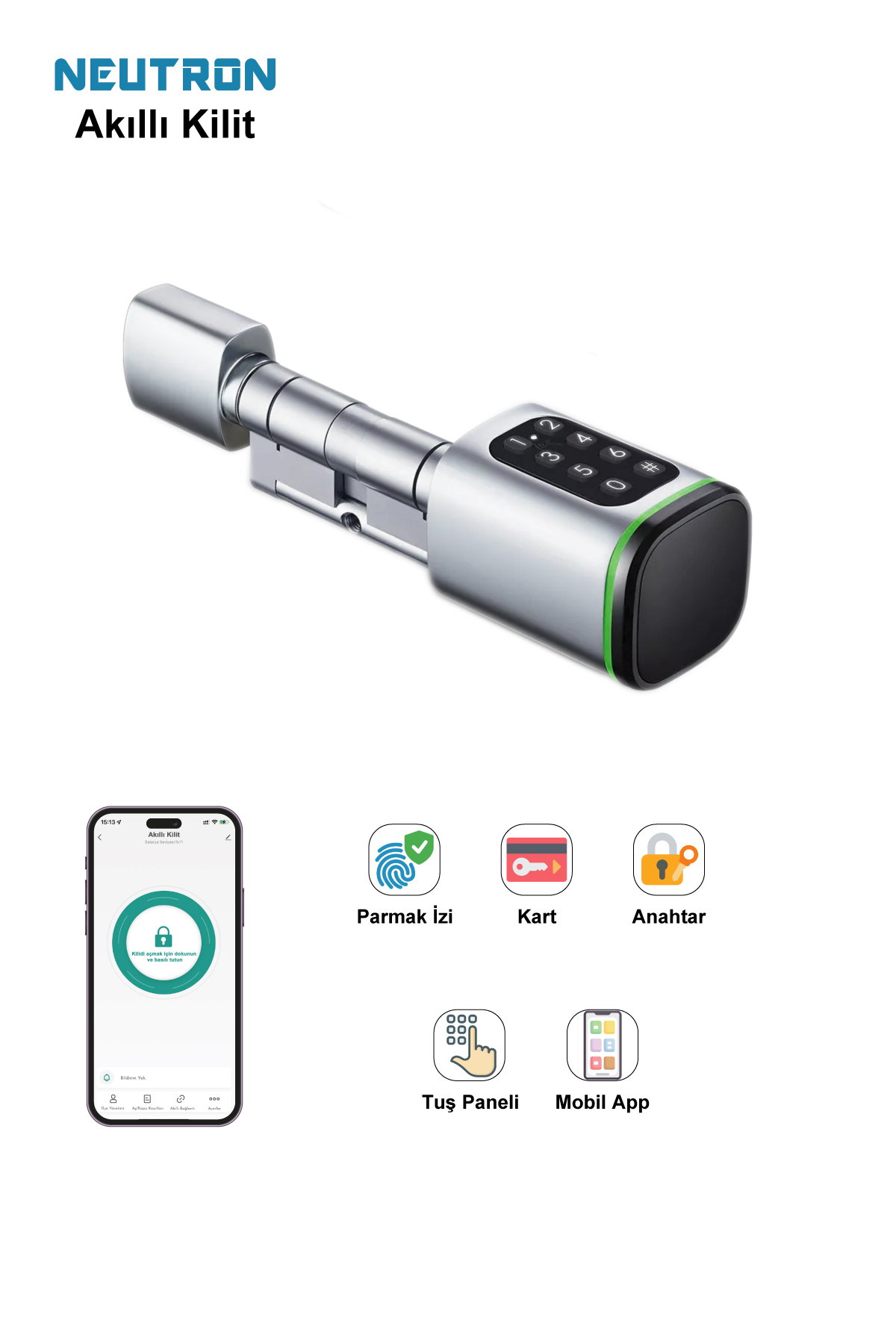 NEUTRON NTL-SC-02FKPW Parmak izi, Anahtarlı, Tuşlu, Kartlı ve Uzaktan Kontrollü Akıllı Kapı Kilidi Gri - Görsel 2