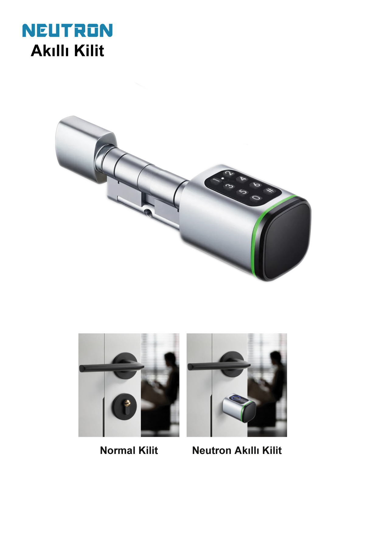 NEUTRON NTL-SC-02FKPW Parmak izi, Anahtarlı, Tuşlu, Kartlı ve Uzaktan Kontrollü Akıllı Kapı Kilidi Gri - Görsel 3