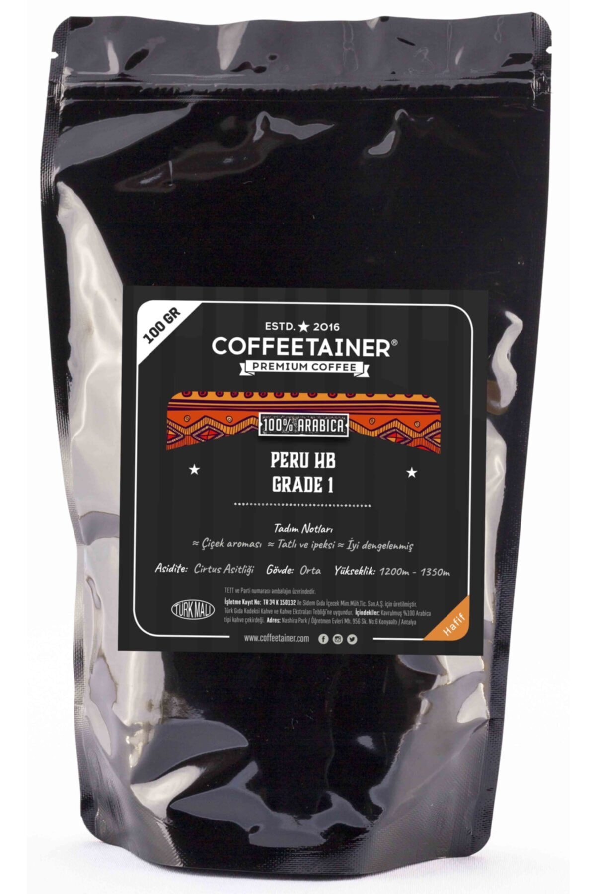 COFFEETAINER Peru Çekirdek Kahve (%100 Arabica) 100 Gr
