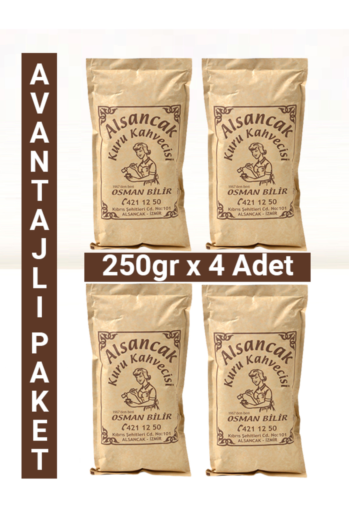 Alsancak Kuru Kahvecisi 1967'den Beri %100 Arabica Orta Kavrulmuş Türk Kahvesi 250gr x 4 Adet