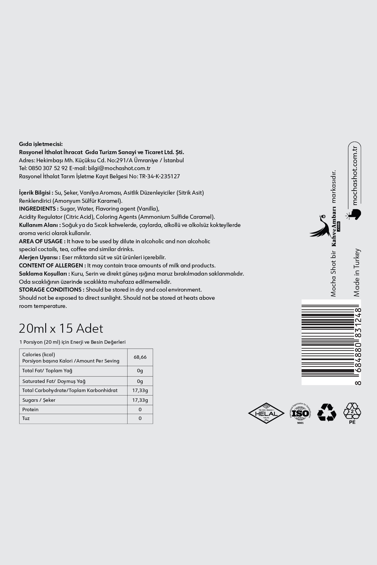 Mocha Shot MochaShot Vanilya Aromalı Tek Kullanımlık Kahve Şurubu 20 ml x 15 Adet - Görsel 3