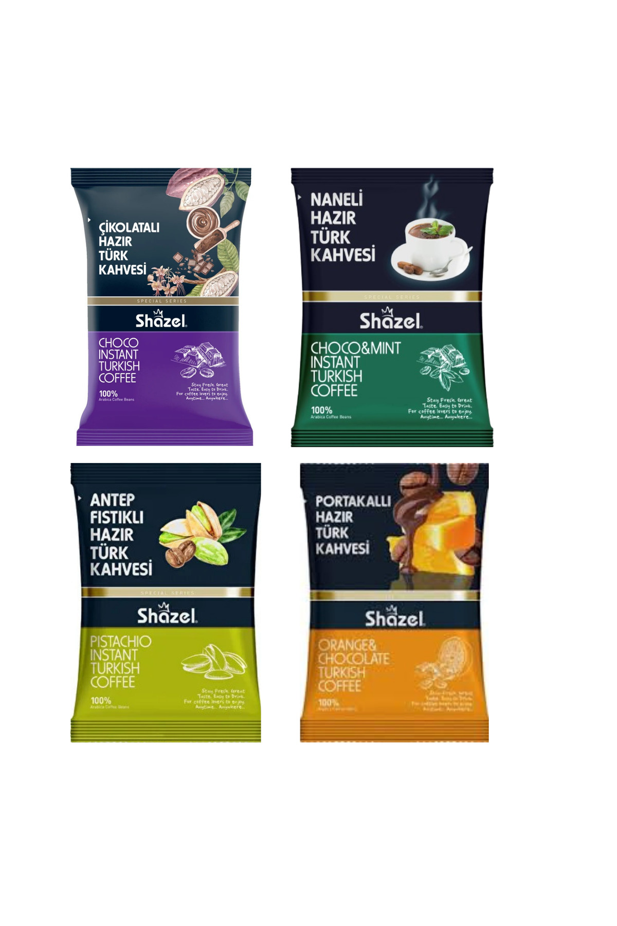 Shazel Hazır Türk Kahve Seti Portakallı Antepfıstıklı Naneli Çikolatalı 4 x 100 g 4 lü Set