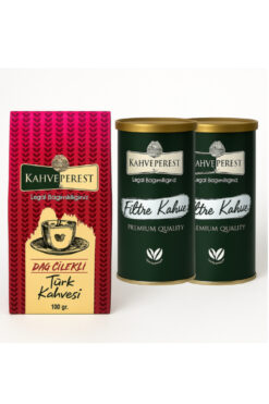 Kahveperest Misafirlik Seti – Dağ Çilekli Türk Kahvesi 100 g + 2x250 g Filtre Kahve Teneke Kutu