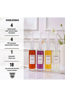 SODELICIOUS COFFEE TEA 4'lü Set | 250ml Pompalı Cam Şurup Şişesi- Kahve , 18 Çeşit Beyaz Etiket + Silikon Huni Hediyeli