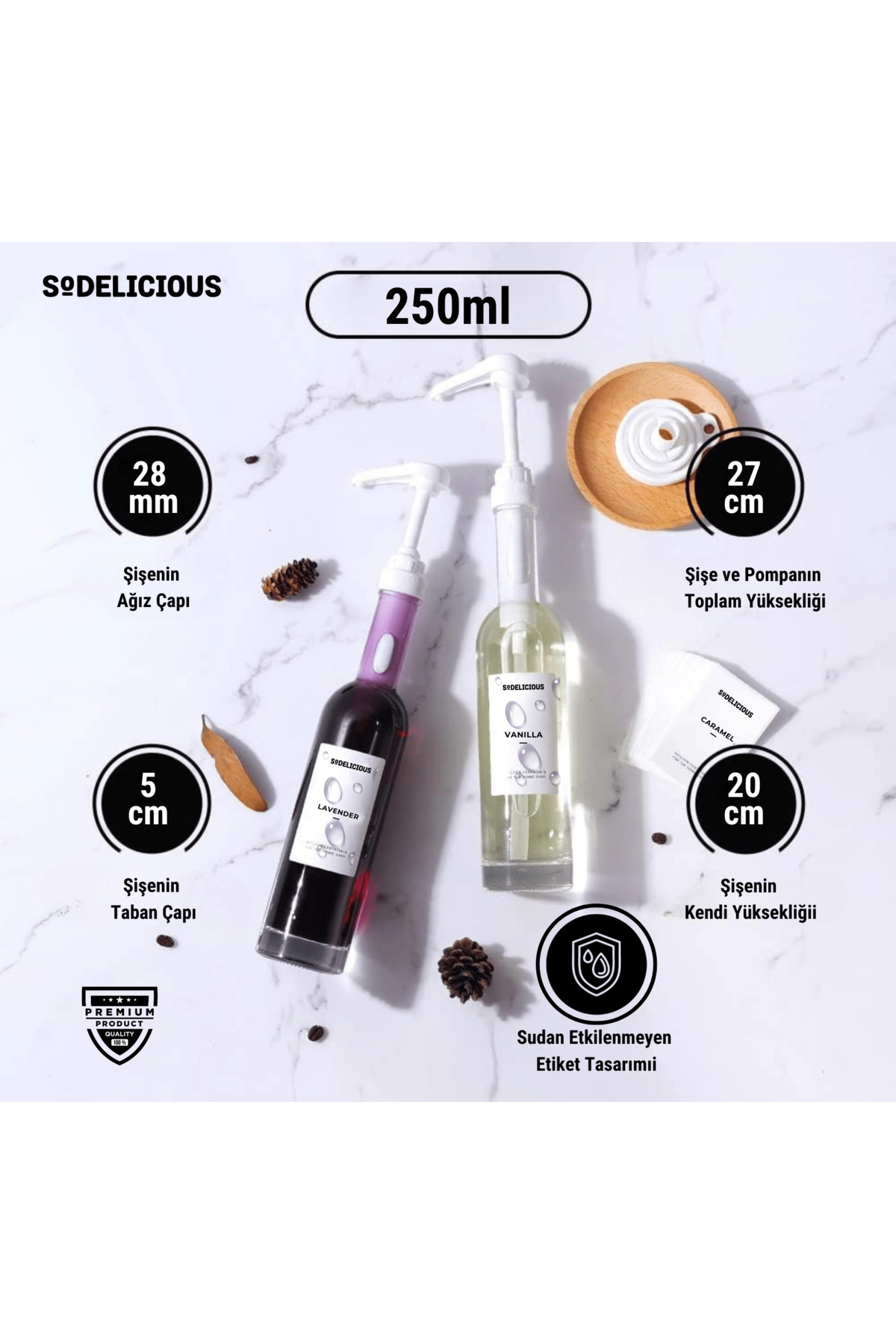 SODELICIOUS COFFEE TEA 4'lü Set | 250ml Pompalı Cam Şurup Şişesi- Kahve , 18 Çeşit Beyaz Etiket + Silikon Huni Hediyeli - Görsel 2