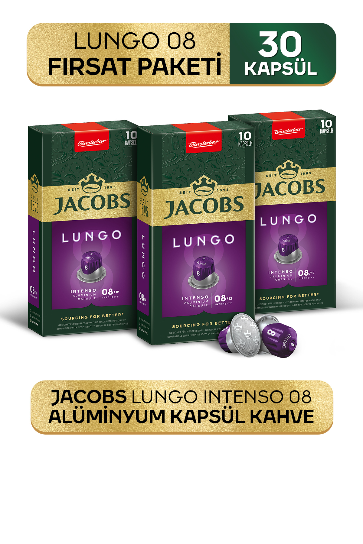 Jacobs Lungo 8 Intenso Nespresso Uyumlu Alüminyum Kapsül Kahve 10 Adet X 3 Paket