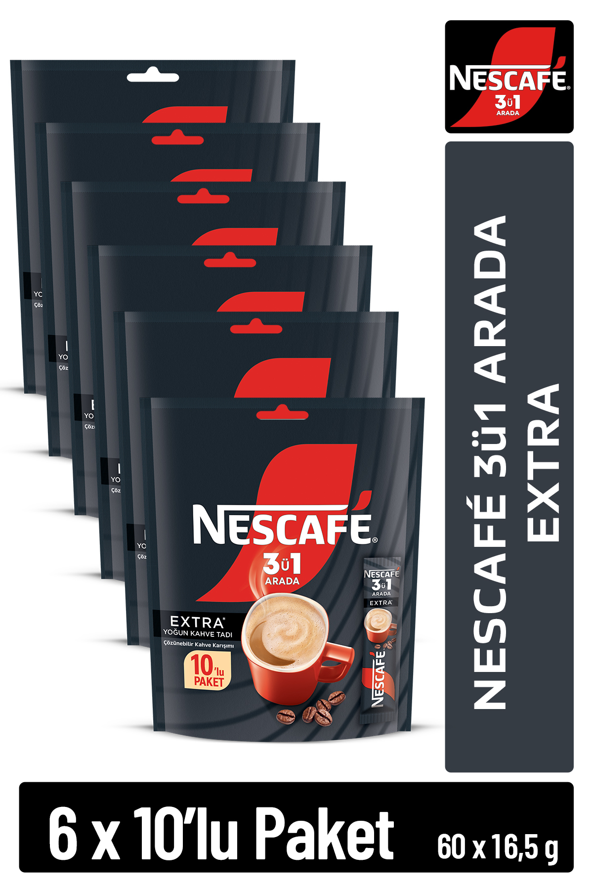 Nescafe 3ü1 Arada Extra Çözünebilir Kahve 16,5g 10'lu Paket 10X6