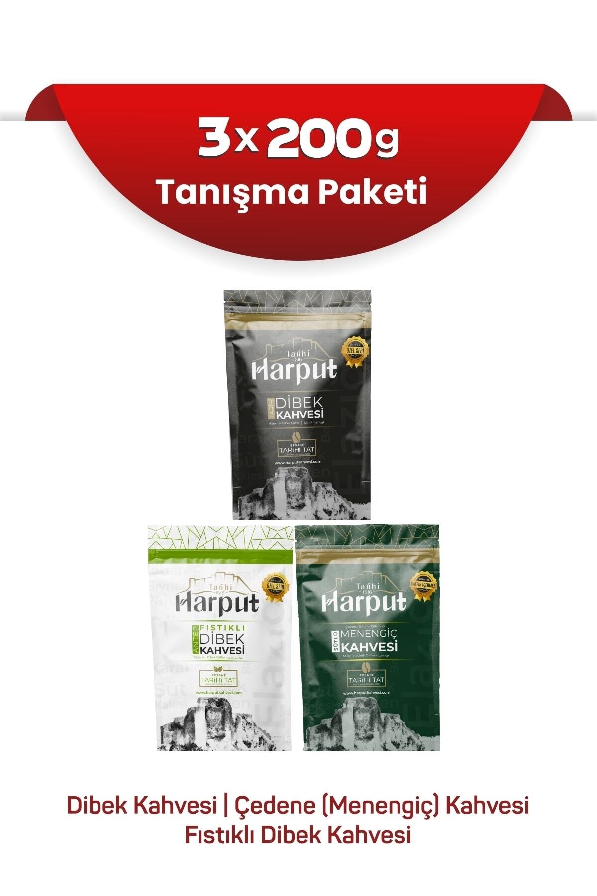 Tarihi Harput 1516 200g Dibek Kahvesi 200g Menengiç Kahvesi 200g Antep Fıstıklı Dibek - Hediyelik Şık Paket - Yöresel