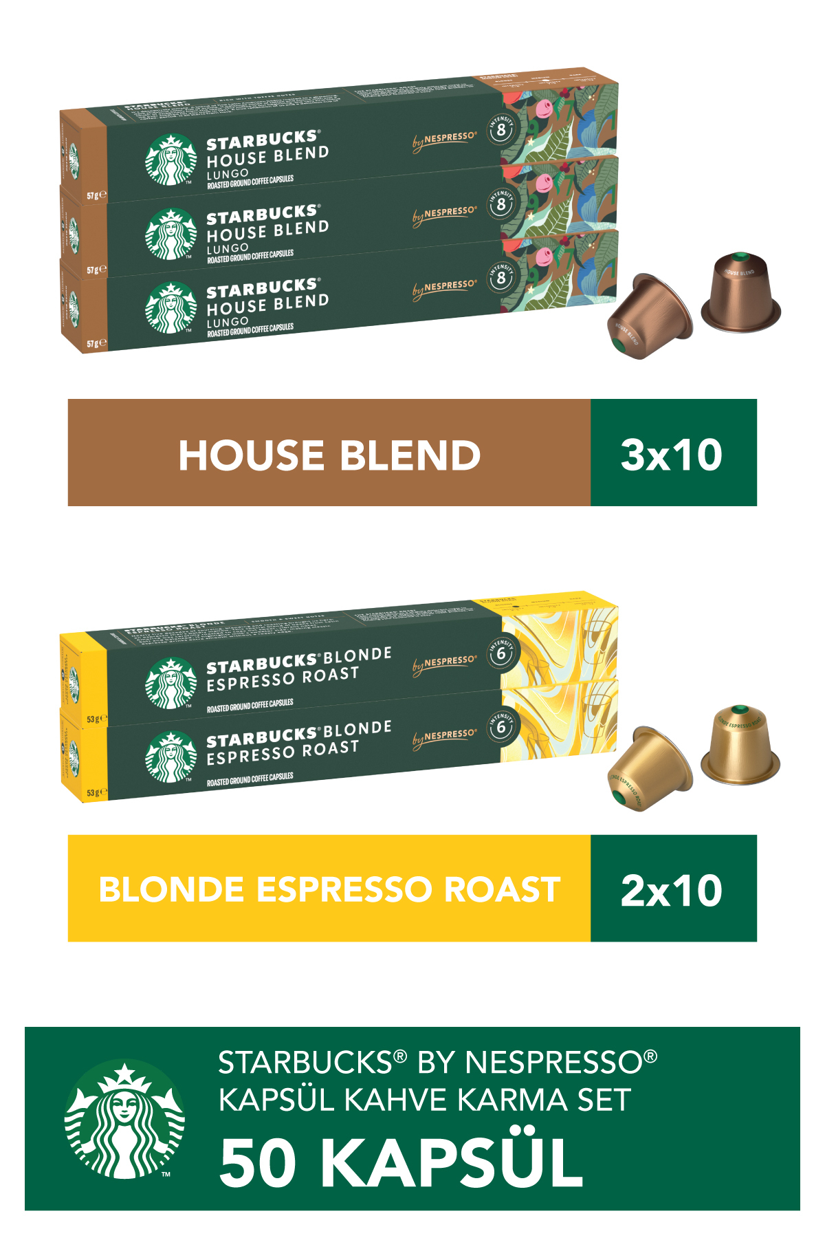 Starbucks Nespresso Uyumlu Kapsül By Nespresso House Blend 30’lu, Blonde Espresso 20’li Kapsül Kahve