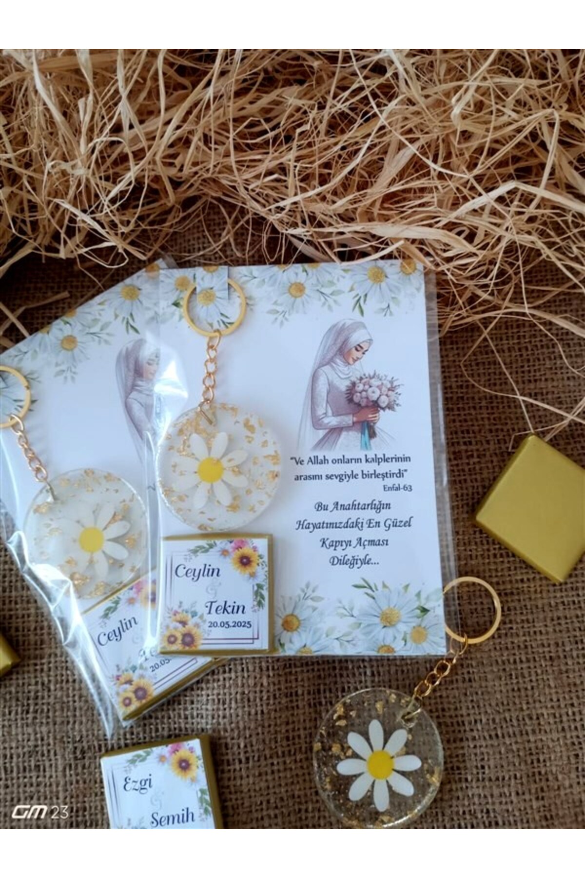 hediyeall Farklı Avm Kına Söz Nişan Düğün Nikah Hediyesi Kahve Yanı Çikolata Papatya Anahtarlık Seti (5 ADET) - Görsel 2