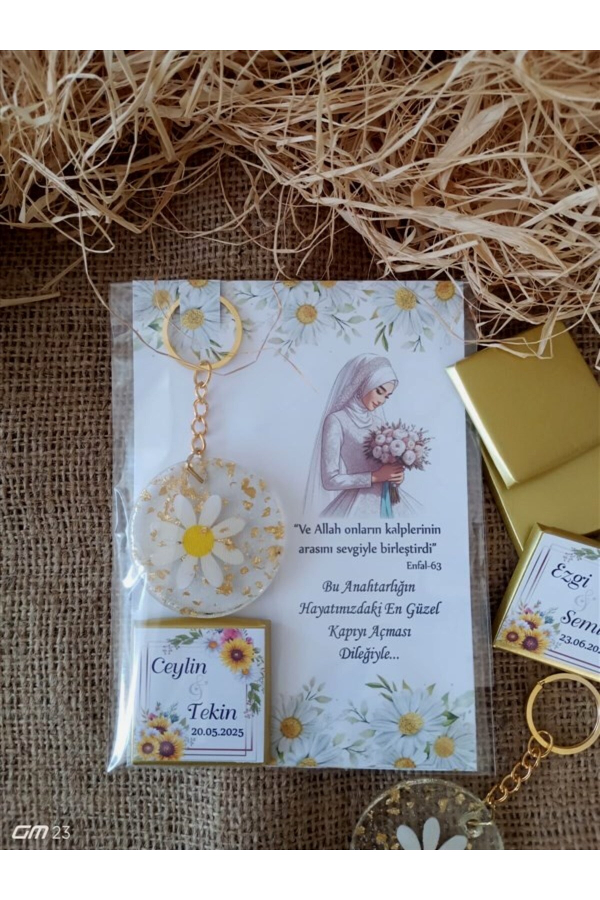 hediyeall Farklı Avm Kına Söz Nişan Düğün Nikah Hediyesi Kahve Yanı Çikolata Papatya Anahtarlık Seti (5 ADET) - Görsel 3